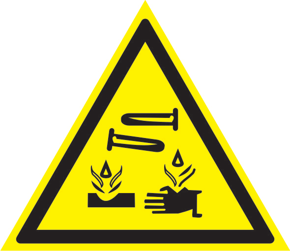 Таблички в помещении предупреждающие Опасно. Едкие и коррозийные вещества